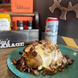 Philly Cheese Steak Baked Potato from Daisy's Garage in Cedar Rapids and Marion, Iowa.